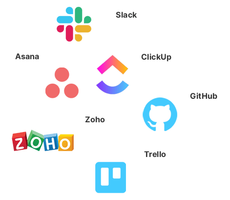 Logos for productivity tools, like Slack, Asana, ClickUp, GitHub, Zoho, and Trello - all of which integrate with TimeBee.